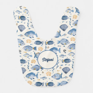 Cute Pastel Blue Watercolor Fish Baby Boy Monogram Bib