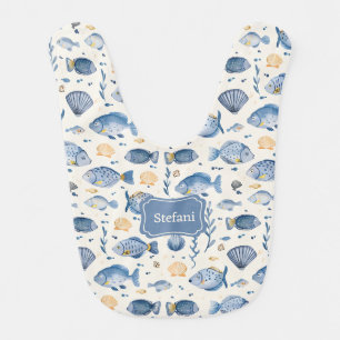 Cute Pastel Blue Watercolor Fish Baby Boy Monogram Bib