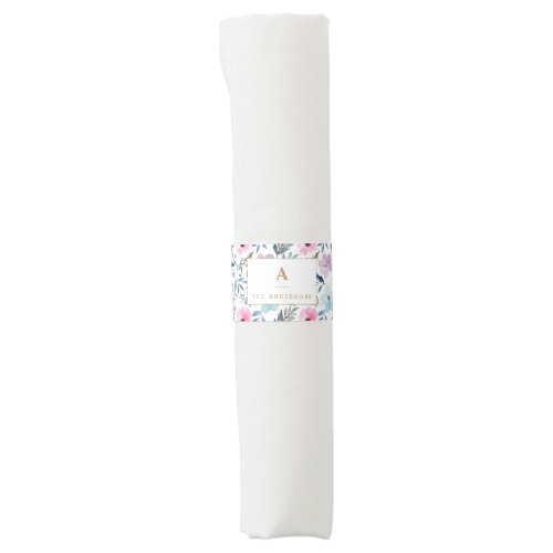 Cute Pastel Blue Watercolor Flowers Monogram  Napkin Bands