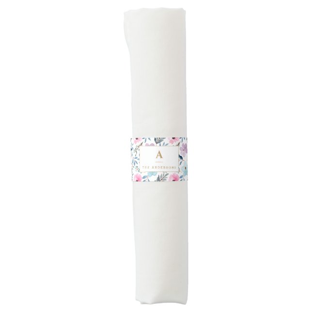 Cute Pastel Blue Watercolor Flowers Monogram  Napkin Bands (Front)