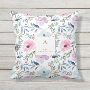 Cute Pastel Blue Watercolor Flowers Monogram   Outdoor Pillow