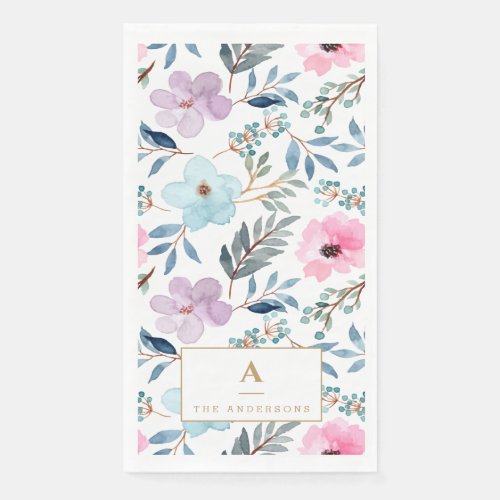 Cute Pastel Blue Watercolor Flowers Monogram Paper Guest Towels