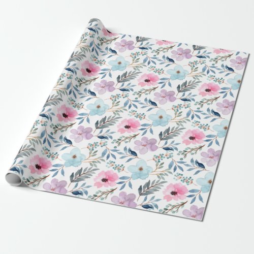 Cute Pastel Blue Watercolor Flowers Pattern  Wrapping Paper