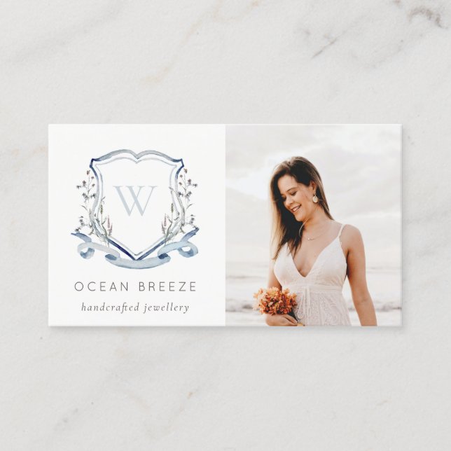 Cute Pastel Blue Wildflower Photo Crest Monogram Business Card (Front)
