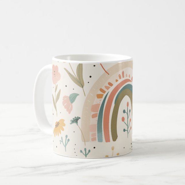 Cute Pastel Blush Teal Boho Flowers and Rainbow Coffee Mug (Front Left)