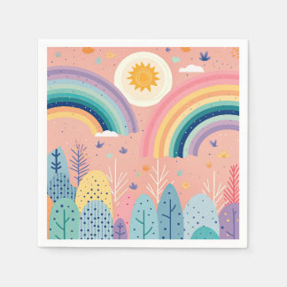 Cute Pastel Boho Rainbow & Sun Above Forest Napkins
