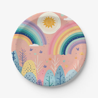 Cute Pastel Boho Rainbow & Sun Above Forest Paper Plates