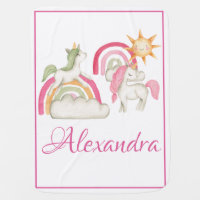 Cute Pastel Boho Unicorns and Rainbows Custom Name Baby Blanket