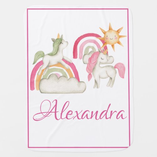 Cute Pastel Boho Unicorns and Rainbows Custom Name Baby Blanket