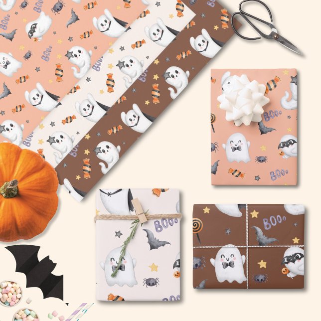 Cute Pastel Brown Boo Ghost Halloween  Wrapping Paper Sheets (Creator Uploaded)