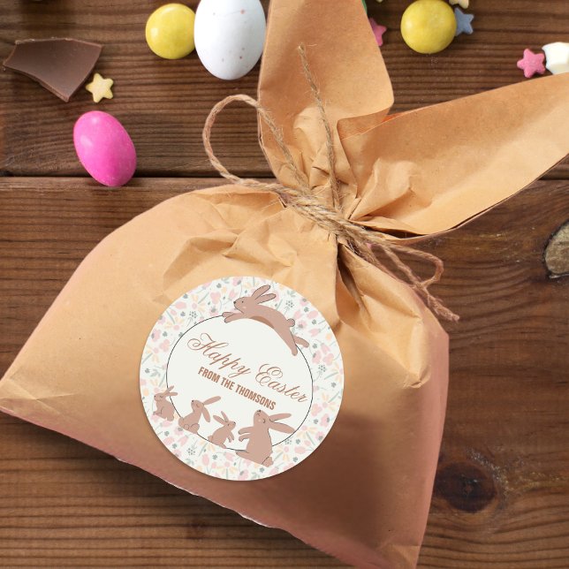 Cute Pastel Bunnies Spring Blooms Happy Easter  Classic Round Sticker (Creator Uploaded)