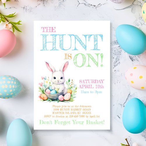 Cute Pastel Bunny Rabbit Easter Egg Hunt Invitation