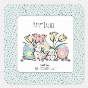 Cute Pastel Bunny Rabbit Happy Easter Family Name Square Sticker