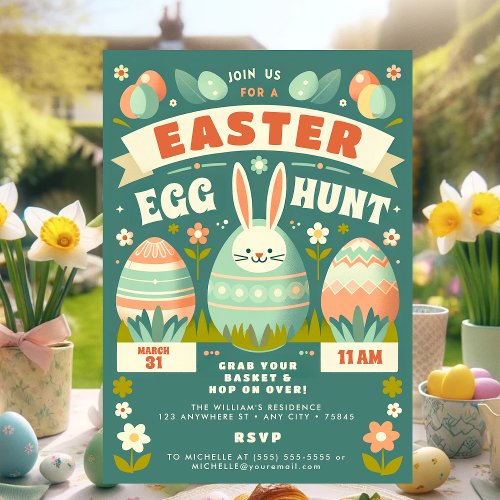 Cute Pastel Bunny Spring Flowers Easter Egg Hunt Invitation