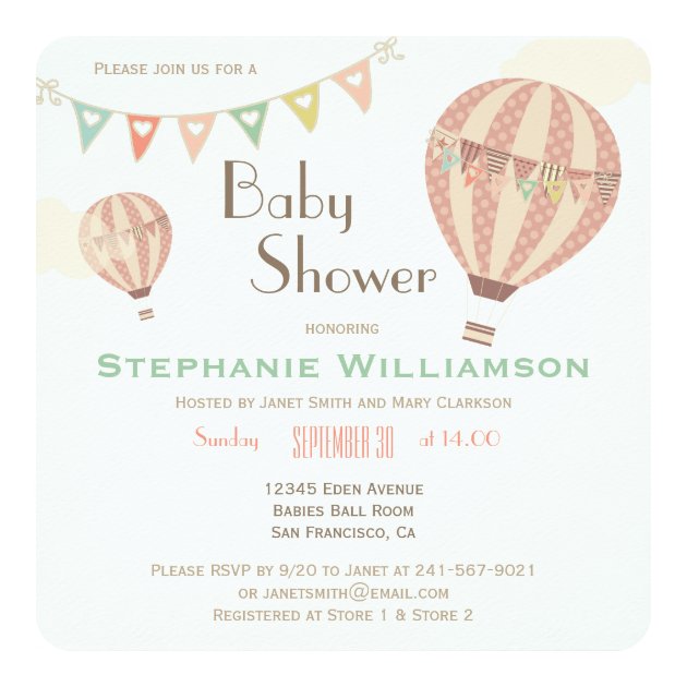 Cute Pastel Bunting & Hot Air Balloons Baby Shower Invitation