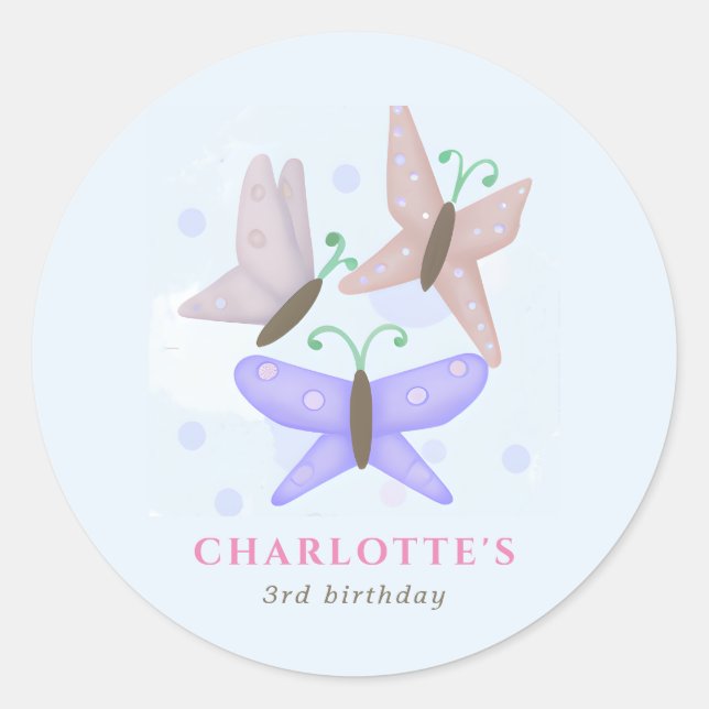 Cute Pastel Butterflies Birthday Party Favor Classic Round Sticker (Front)