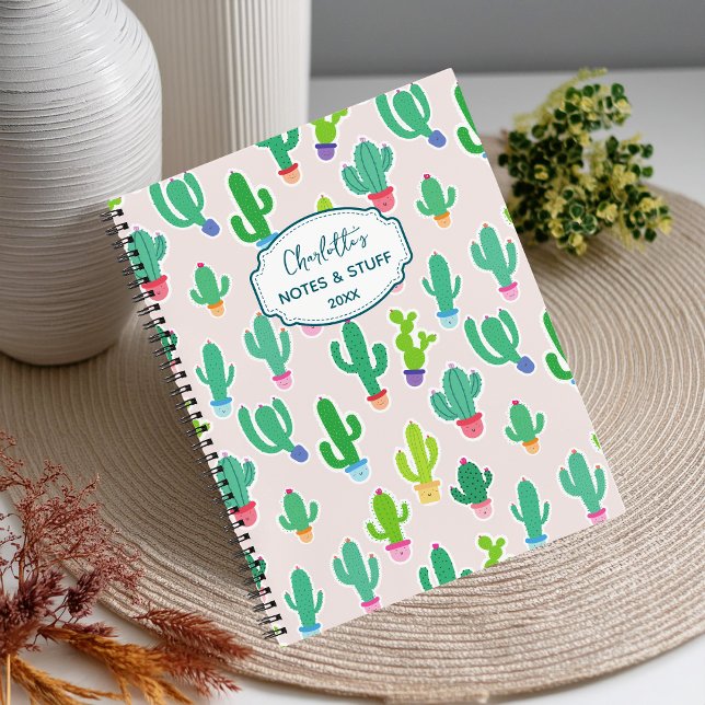 Cute Pastel Cactus Monogram Script Name  Notebook (Creator Uploaded)