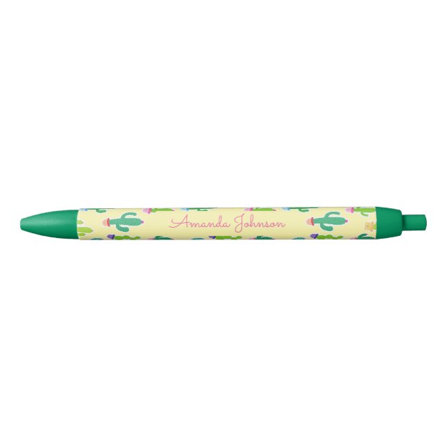 Cute Pastel Cactus Monogram Script Name Pen (Front)