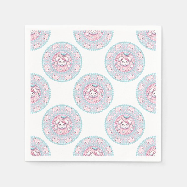 Cute Pastel Candy Kawaii Bunny Polka Dot Mandala Napkins (Front)