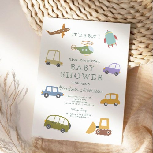 Cute Pastel  Car Truck Plane Rocket Baby Shower Invitation