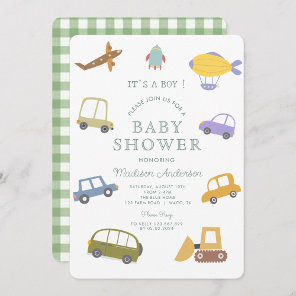 Cute Pastel  Car Truck Plane Rocket Baby Shower Invitation