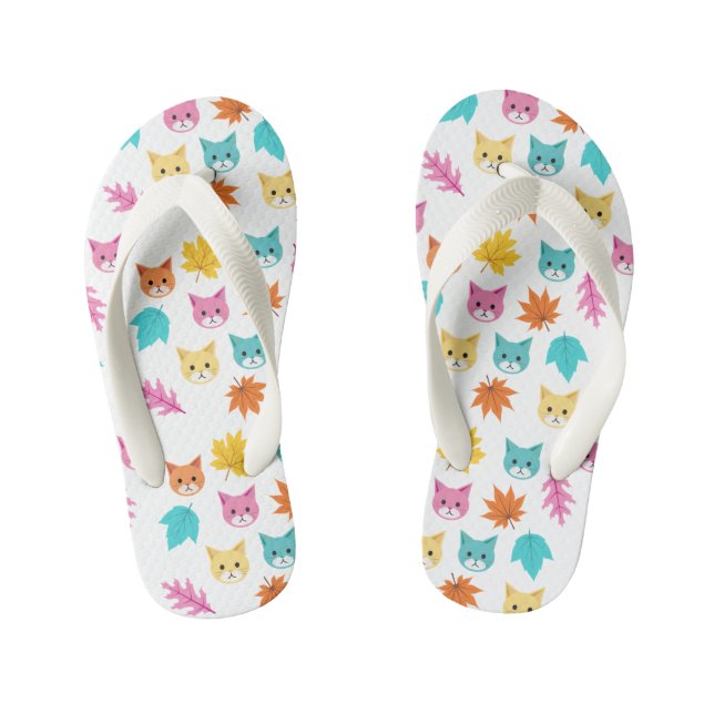 Cute Pastel Cartoon Cats and Leaves Pattern Kid's Flip Flops (Footbed)