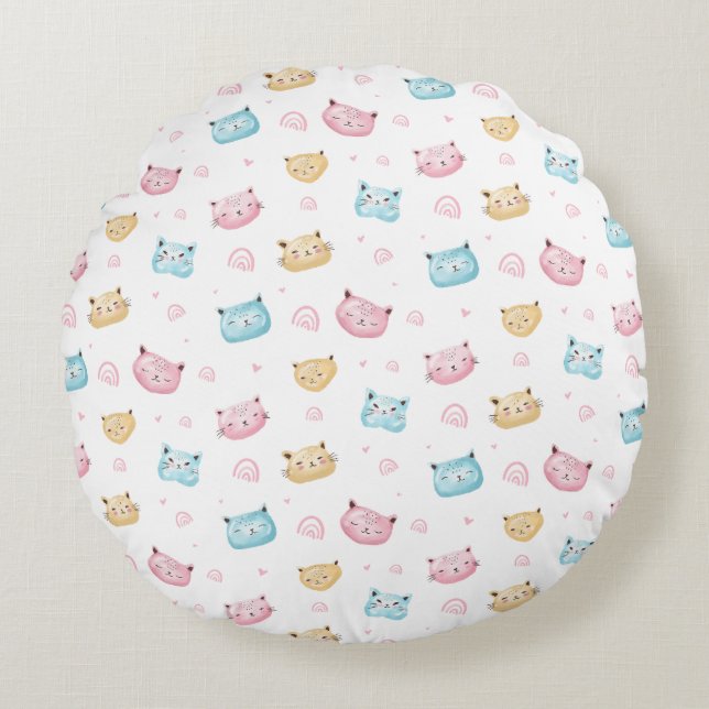 Cute Pastel Cat Faces Pattern Round Pillow (Front)