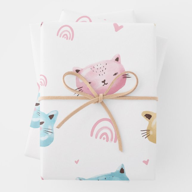 Cute Pastel Cat Faces Pattern Wrapping Paper Sheets (In situ)