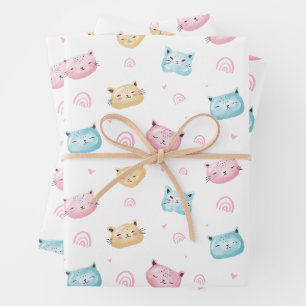 Cute Pastel Cat Faces Pattern Wrapping Paper Sheets