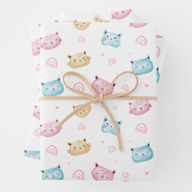 Cute Pastel Cat Faces Pattern Wrapping Paper Sheets (In situ)