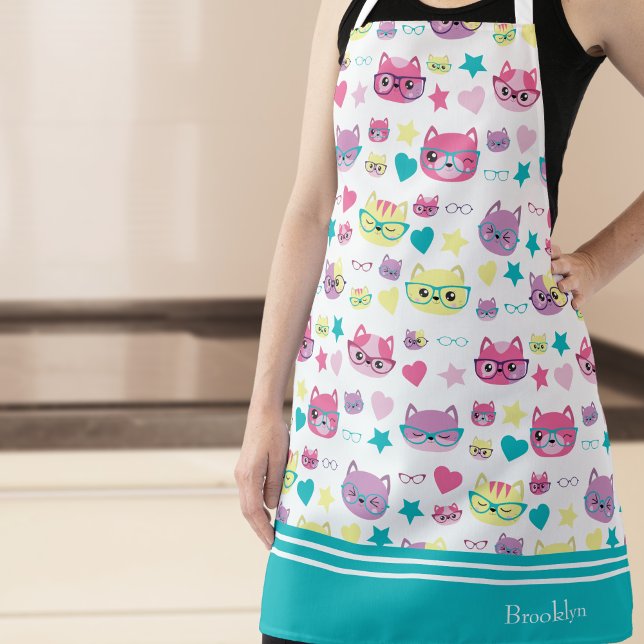 Cute Pastel Cats With Glasses Pattern, Teal Apron (Creator Uploaded)