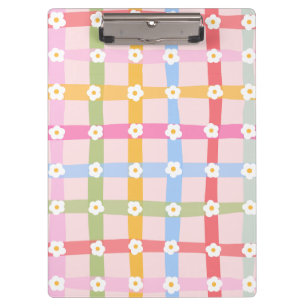 Cute Pastel Checkered Pattern with Daisy Flowers Clipboard