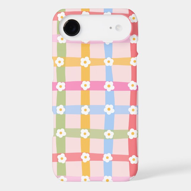 Cute Pastel Checkered Pattern with Daisy Flowers iPhone Case (Back)