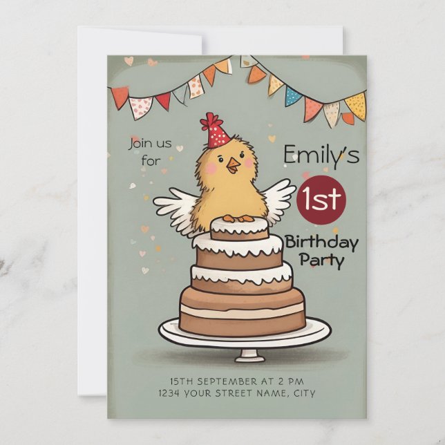 Cute Pastel Chick Cake Kids Birthday Party  Invitation (Front)