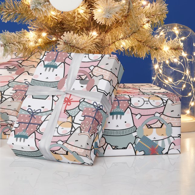 Cute Pastel Christmas Cat Wrapping Paper (Holidays)