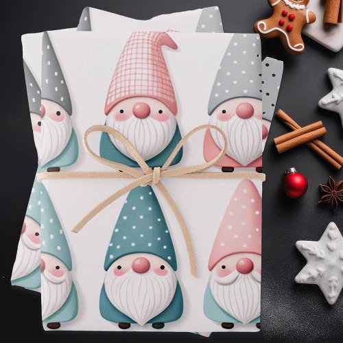 Cute Pastel Christmas Gnomes Pink Blue Grey Wrapping Paper Sheets