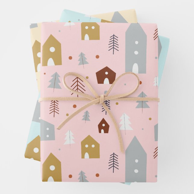 Cute Pastel Christmas Holiday Pattern Wrapping Paper Sheets (In situ)