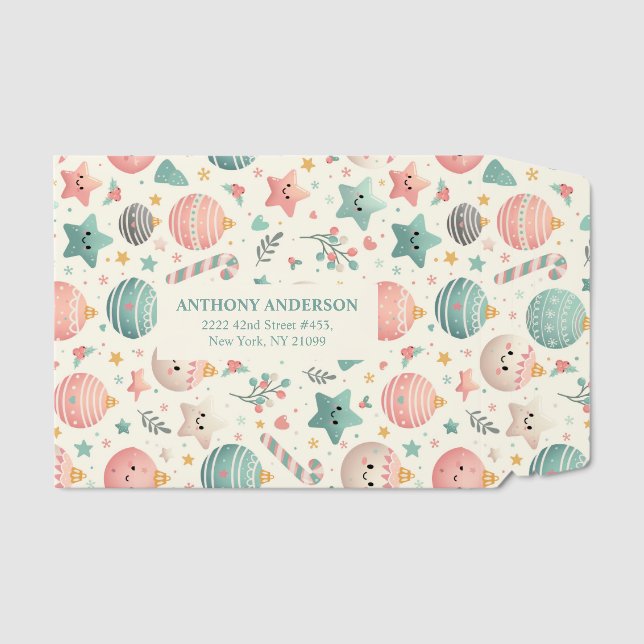 Cute Pastel Christmas Pattern Ornaments and Stars Envelope Mailers (Front)