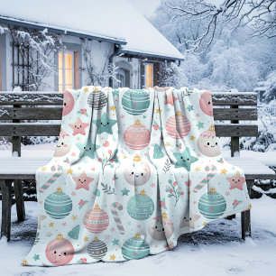 Cute Pastel Christmas Pattern Ornaments and Stars Fleece Blanket