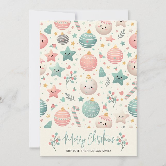 Cute Pastel Christmas Pattern Ornaments and Stars Holiday Card (Front)