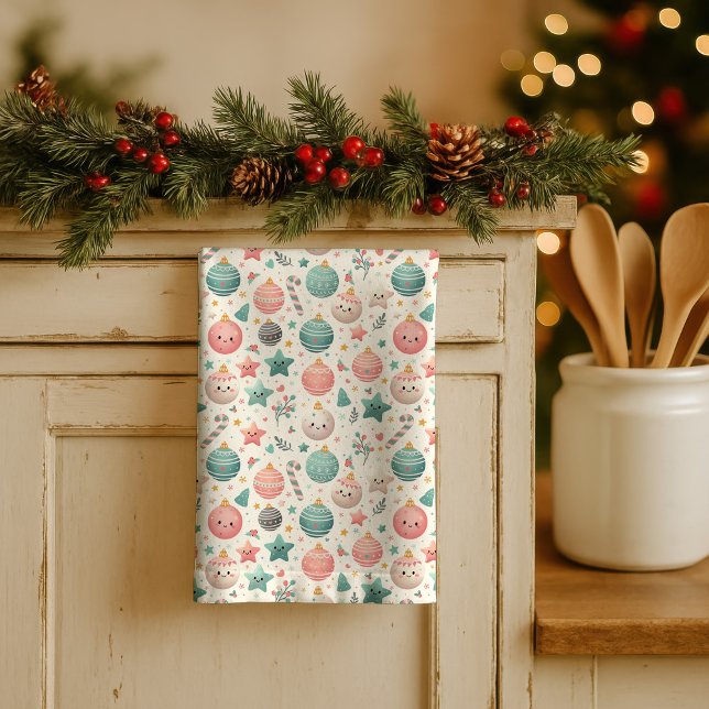 Cute Pastel Christmas Pattern Ornaments and Stars Kitchen Towel (Creator Uploaded)