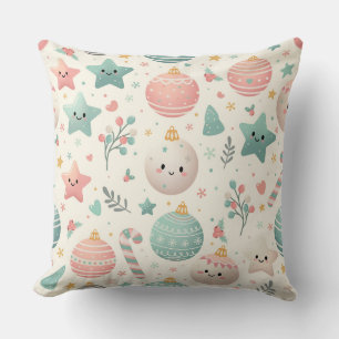 Cute Pastel Christmas Pattern Ornaments and Stars Throw Pillow