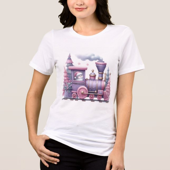Cute Pastel Christmas Train Illustration Tri-Blend Shirt (Front)