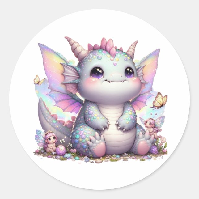 Cute Pastel Chubby Dino Classic Round Sticker (Front)
