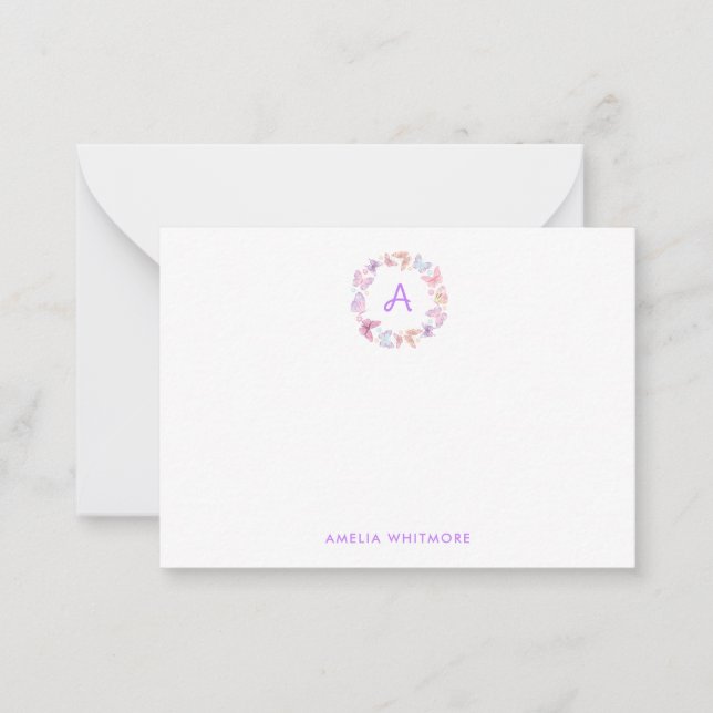 Cute Pastel Color Butterflies Monogram Note Card (Front)