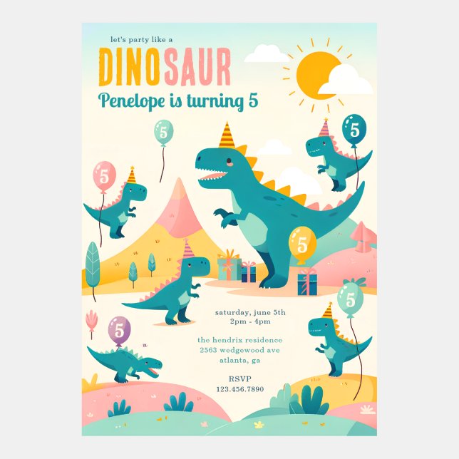 Cute Pastel Color Dinosaur 5th Birthday Invitation (Front)