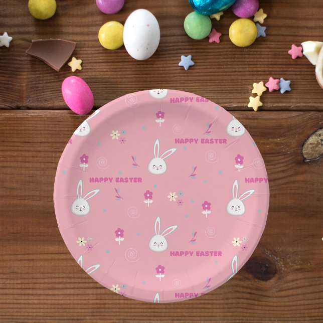 Cute Pastel Color Easter Bunny Floral  Paper Plate (Creator Uploaded)