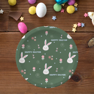 Cute Pastel Color Easter Bunny Floral Paper Plate