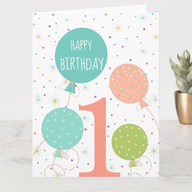 Cute Pastel Colored Balloons  1st Birthday Card (Small Plant)