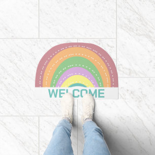 Cute Pastel Colored Dotty Skewed Rainbow Welcome Doormat